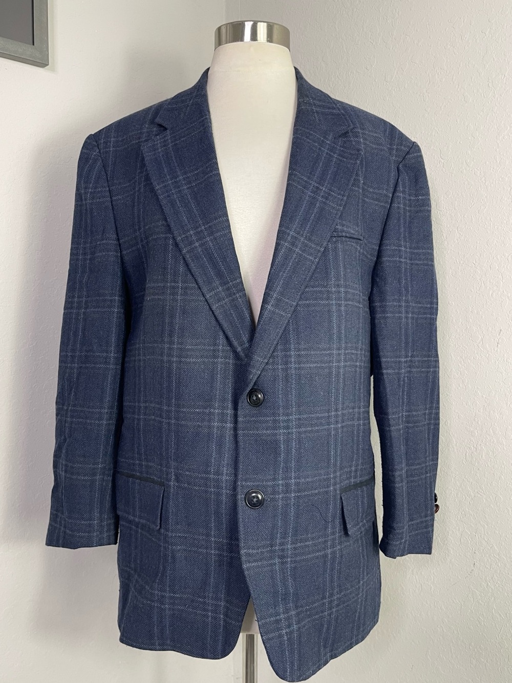 Classic Navy Windowpane Sport Coat - Two-Button Blazer. 56